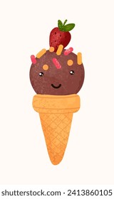 Kawaii ice cream, cute happy smiling face chocolate ice cream in waffle cone