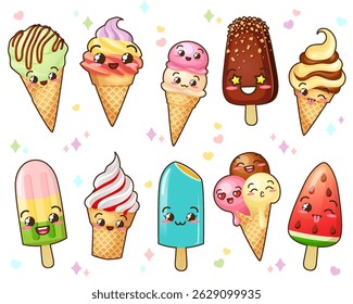 Kawaii Ice Cream with diferent emotion set. Vector illustration isolated on white background
