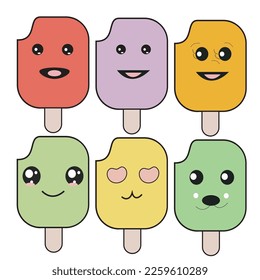 Kawaii Ice Cream Emoticons Set. Cute Cartoon Characters design 