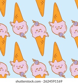 Kawaii Ice Cream and Flower Vector Seamless Pattern Collection