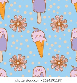 Kawaii Ice Cream and Flower Vector Seamless Pattern Collection