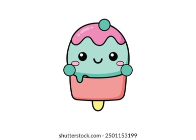 Kawaii Ice Cream Hand drawn coloring page for with thick lines, vector illustration