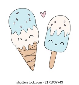 Kawaii ice cream and heart, doodle style