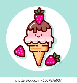 Kawaii ice cream illustration. Scoop of Ice cream with shocolate topping and strawberries.