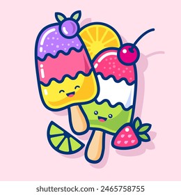 Kawaii Ice Cream illustration. Two  Frozen Juice on sticks with slice of orange, lime and different berries. Print for T shirt, Character hero.