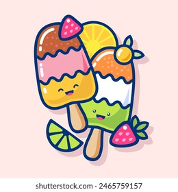 Kawaii Ice Cream illustration. Two  Frozen Juice on sticks with slice of orange, lime and different berries. Print for T-shirt, Character hero.