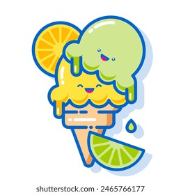 Kawaii ice cream illustration. Two scoops of different Ice cream with lime and orange.
