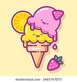 Kawaii ice cream illustration. Two scoops of different Ice cream with orange and strawberry.