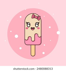 Kawaii ice cream popsicle vector flat illustration. Pink and beige cartoon ice cream with outline, eyes and smiling girlish face.