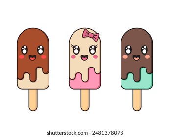 Colección de Vector de helado de helado Kawaii. Conjunto de helado de dibujos animados rosa, vainilla, chocolate y menta con contorno, ojos y caras sonrientes.