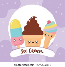 kawaii ice cream poster with lettering