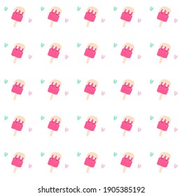 Kawaii ice cream seamless pattern with hearts on white background  Trendy retro style. Vector design template.love ice cream. 