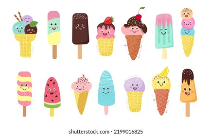 Kawaii ice cream set. Cute hand drawn face emotions in cartoon flat style