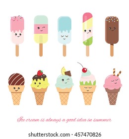 Kawaii ice cream set. Cute cartoon characters. Isolated on white.