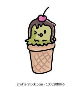 Kawaii ice cream tub cartoon vector illustration motif. Hand drawn summer treat elements clipart for sweeties food graphic, web buttons.