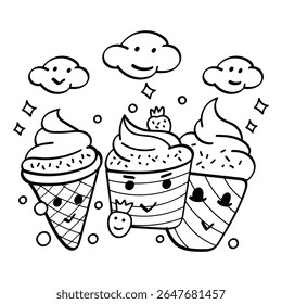 Kawaii Ice Cream in Waffle Cup, perfect for coloring books and sweet-themed printable pages.