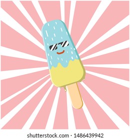 Kawaii ice cream wear glasses on shiny cartoon background