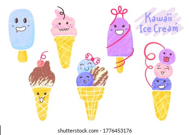 Kawaii Ice Creams Illustration. Suitable For Sticker, Logo, Icon, etc. Vector EPS 10.