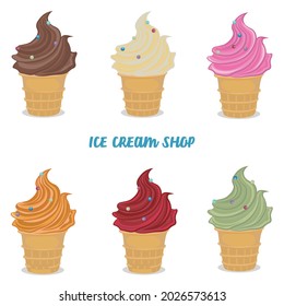 Kawaii ice creams, Set of ice cream and cakes vector illustration.
