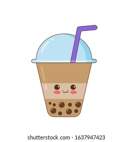 Kawaii iced Boba Tea in a plastic cup with milk foam. Vector bubble tea smiling character stock illustration in cute cartoon style isolated on white background. Kawaii food concept. Drink with tapioca