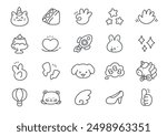 Kawaii icon set. Collection of cute hand drawn monochrome illustrations (sparkles, strawberry sandwich, space ship, little lightnings, puppy etc.) isolated on a white background. Vector 10 EPS.