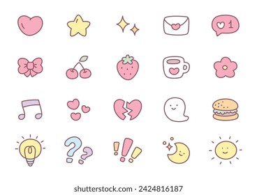 Kawaii icon set. Collection of cute hand drawn stickers isolated on a white background. Vector 10 EPS.