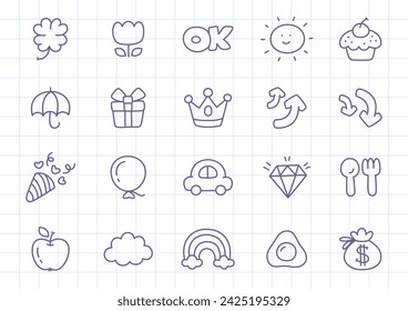 Kawaii icon set. Collection of cute hand drawn stickers isolated on a checkered background. Vector 10 EPS.