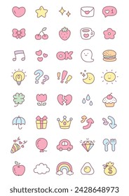 Kawaii icon set. Collection of cute hand drawn stickers isolated on a white background. Vector 10 EPS.