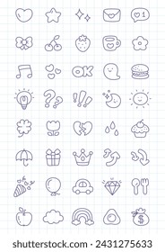 Kawaii icon set. Collection of cute hand drawn stickers isolated on a checkered background. Vector 10 EPS.