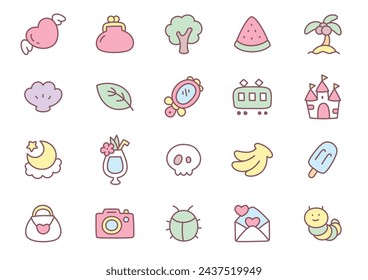 Kawaii icon set. Collection of cute hand drawn stickers isolated on a white background. Vector 10 EPS.