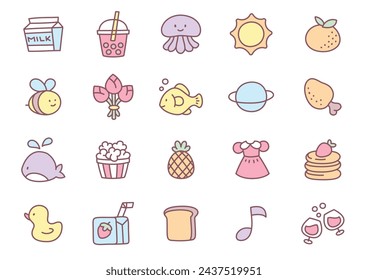 Kawaii icon set. Collection of cute hand drawn stickers isolated on a white background. Vector 10 EPS.