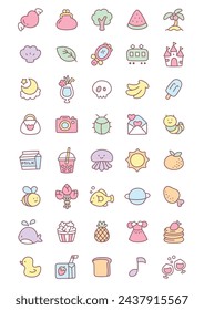 Kawaii icon set. Collection of cute hand drawn stickers isolated on a white background. Vector 10 EPS.