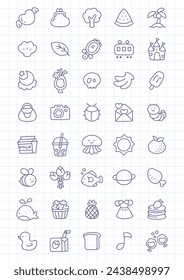 Kawaii icon set. Collection of cute hand drawn stickers isolated on a checkered background. Vector 10 EPS.