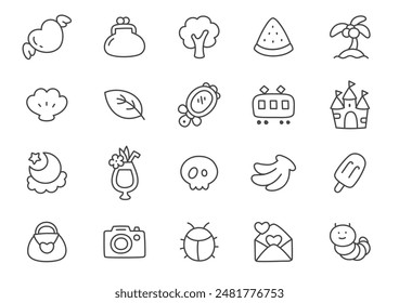 Kawaii icon set. Collection of cute hand drawn monochrome stickers (flying heart, watermelon, palm tree, mirror, castle etc.) isolated on a white background. Vector 10 EPS.