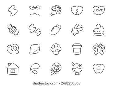 Kawaii icon set. Collection of cute hand drawn monochrome stickers (lightning, broken heart, candy, carrot, mushroom etc.) isolated on a white background. Vector 10 EPS.