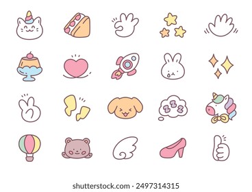 Kawaii icon set. Collection of cute stickers (bunny, unicorn, stars, heart, teddy bear etc.) isolated on a white background. Vector 10 EPS.