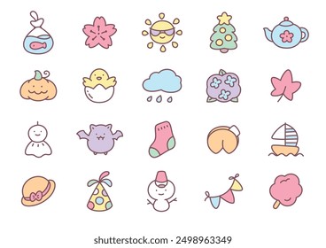 Kawaii icon set. Collection of cute hand drawn season and holidays stickers (fir tree, sakura flower, teru teru bozy, birthday hat, bat etc.) isolated on a white background. Vector 10 EPS.