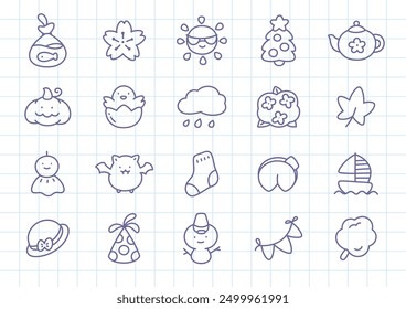 Kawaii icon set. Collection of cute hand drawn monochrome illustrations (snowman, birthday hat, bat, red maple leaf, chicken etc.) on a checkered background. Vector 10 EPS.