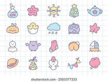 Kawaii icon set. Collection of cute hand drawn season and holidays stickers (fir tree, sakura flower, teru teru bozy, birthday hat, bat etc.) on a checkered background. Vector 10 EPS.