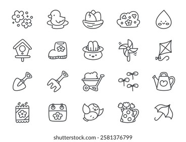 Kawaii icon set. Collection of cute hand drawn monochrome illustrations (tulip, watering can, seeds, birdhouse, pinwheel) isolated on a white background. Vector 10 EPS.