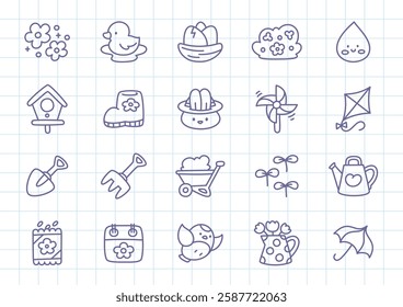 Kawaii icon set. Collection of cute hand drawn monochrome illustrations (birdhouse, bird, watering can, flowers, kite etc.) on a checkered background. Vector 10 EPS.