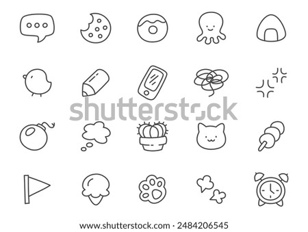 Kawaii icon set. Collection of cute hand drawn monochrome stickers (cookie, cat paw, donut, octopus, onigiri etc.) isolated on a white background. Vector 10 EPS.