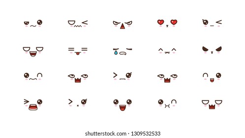 Kawaii icons faces expressions cute smile emoticons. Japanese emoji