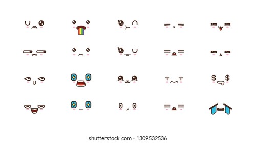 Kawaii icons faces expressions cute smile emoticons. Japanese emoji