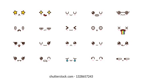Kawaii icons faces expressions cute smile emoticons. Japanese emoji