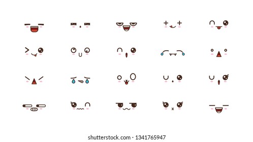 Kawaii icons faces expressions cute smile emoticons. Japanese emoji