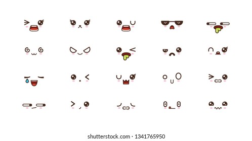 Kawaii icons faces expressions cute smile emoticons. Japanese emoji