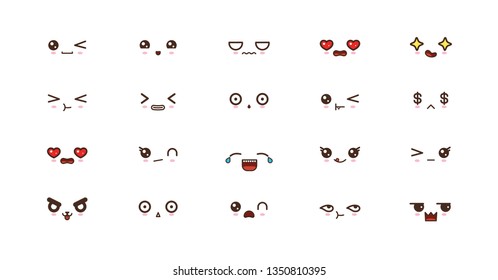 Kawaii icons faces expressions cute smile emoticons. Japanese emoji