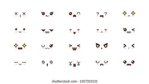 Kawaii icons faces expressions cute smile emoticons. Japanese emoji