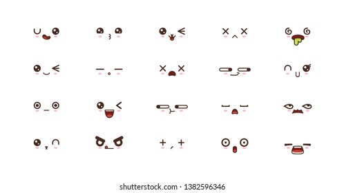Kawaii icons faces expressions cute smile emoticons. Japanese emoji